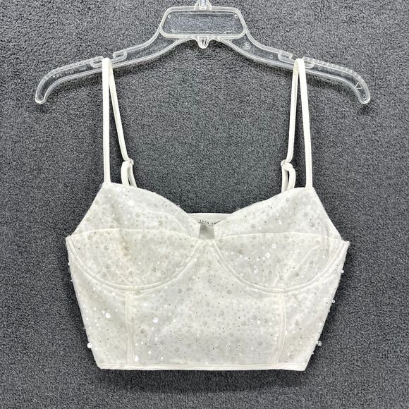 12th Tribe Top Womens Small White Sequin Crop party adjustable strap - Picture 2 of 16